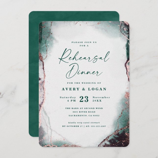 Abstract Emerald Green Wedding Rehearsal Dinner Invitation (Front/Back)