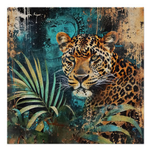 Abstract Emerald Jungle Cat  Landscape Poster