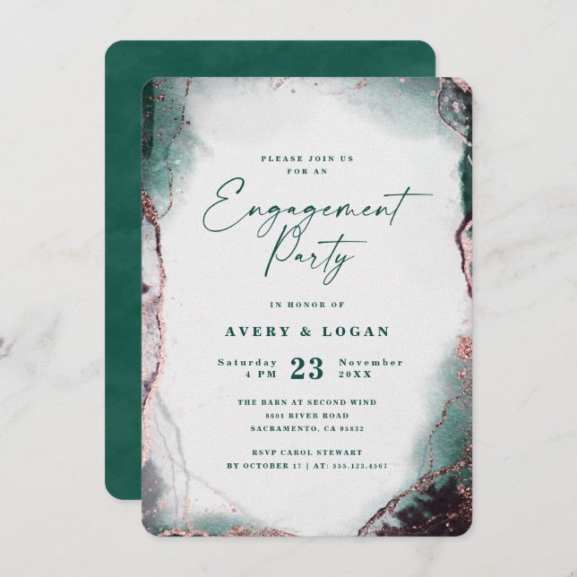 Abstract Ethereal Emerald Green Engagement Party Invitation (Front/Back)