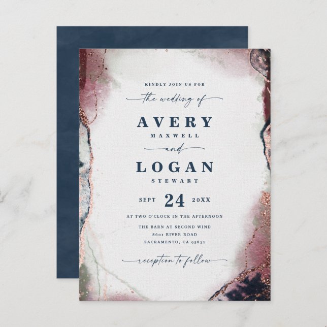 Abstract Ethereal Navy Burgundy Wedding Invitation (Front/Back)