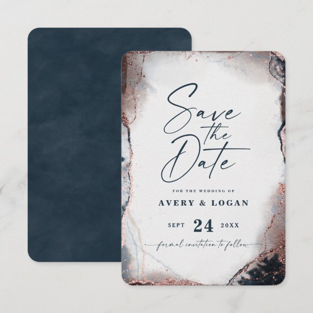 Abstract Ethereal Navy & Rose Gold Wedding Save The Date (Front/Back)
