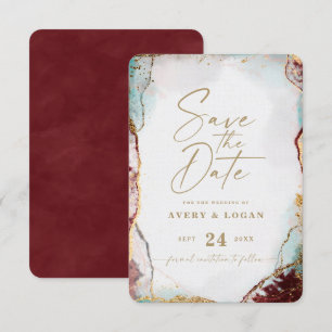 Abstract Ethereal Wine Red & Gold Winter Wedding Save The Date