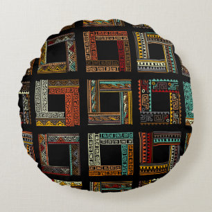 Abstract ethnic frames, seamless pattern round cushion