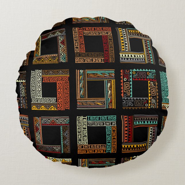Abstract ethnic frames, seamless pattern round cushion (Front)
