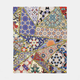 Abstract ethnic spanish tile patchwork hand drawn, fleece blanket