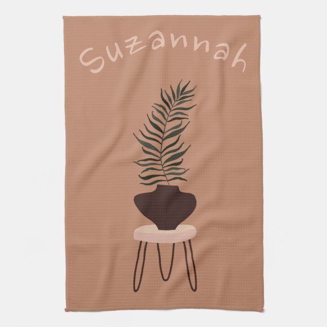 Abstract Expressionism Terracotta Palm Leaf & Vase Tea Towel (Vertical)