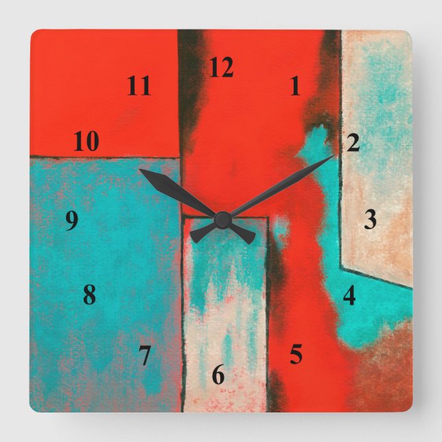 Abstract Expressionist Art Painting Red Turquoise Square Wall Clock (Front)