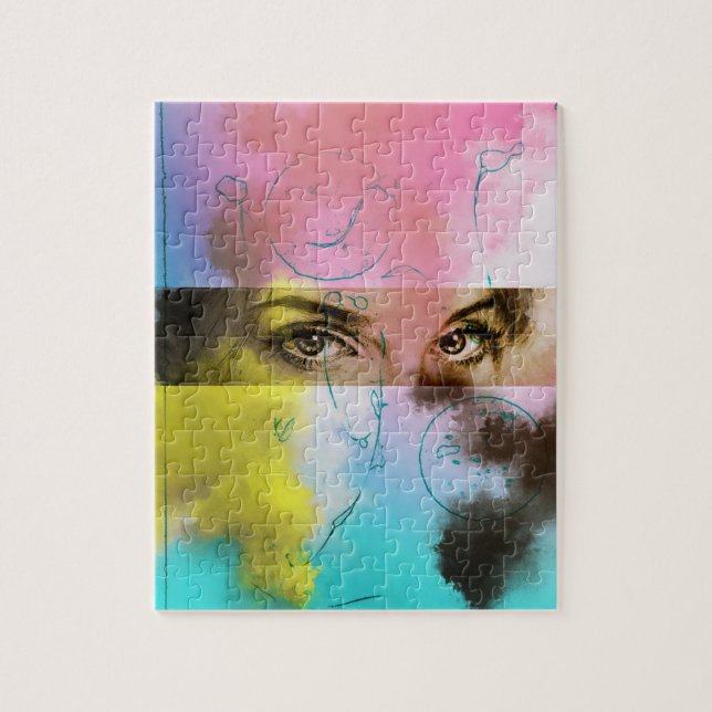 Abstract Eyes Pop Art - Pink, Yellow, Blue & Brown Jigsaw Puzzle (Vertical)