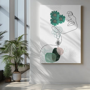 Abstract face art pressed green flowers canvas print