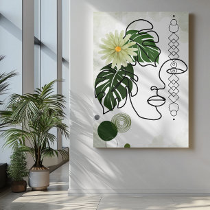 Abstract face art with tropical green leaves canvas print