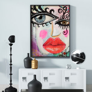 Abstract Face Big Eyes Red Lips Graffiti Neon Pink Poster