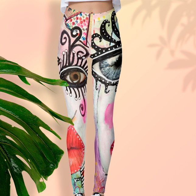 Abstract Face Big Eyes Red Lips Neon Pink Graffiti Leggings (Creator Uploaded)