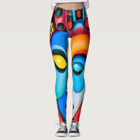 Abstract Face Big Eyes Red Lips Neon Pink Leggings
