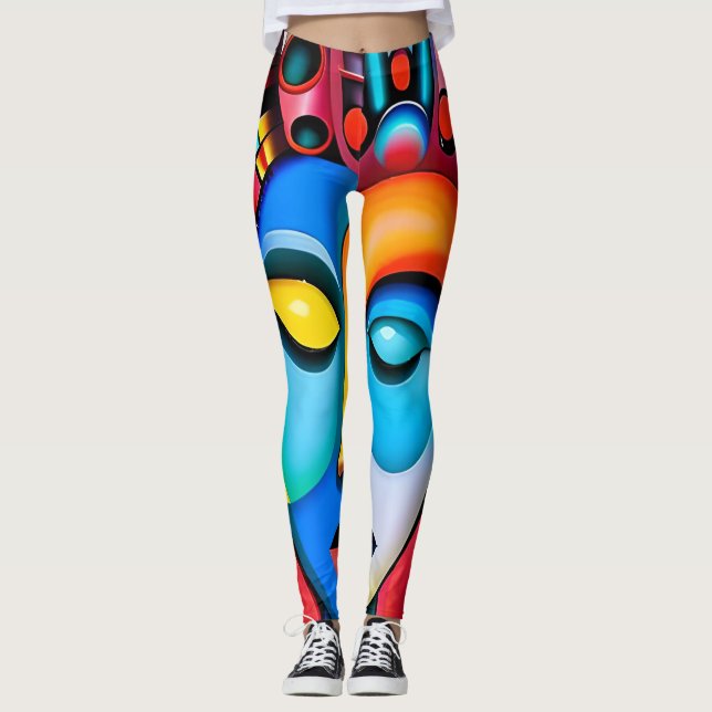 Abstract Face Big Eyes Red Lips Neon Pink Leggings (Front)