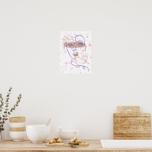 Abstract Face Line Art Wall Poster, Pink Splatter  Poster (Kitchen)