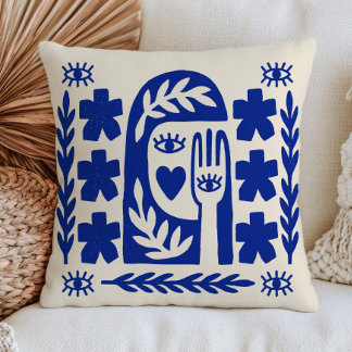 Abstract Face Modern Evil Eyes Blue Folk Art Cushion