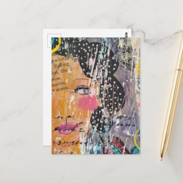 Abstract Face Polka Dot Hair Mixed Media Collage Postcard (Front/Back In Situ)