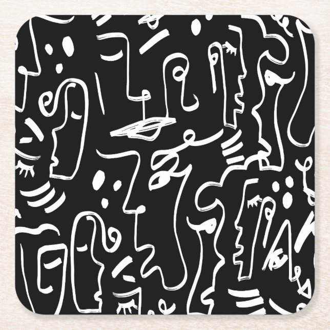 Abstract Faces Masks: Geometric Pattern Square Paper Coaster (Front)