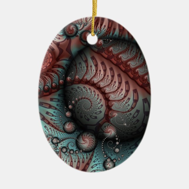 Abstract Fantasy Fractal Balls Brown Blue Oval Ceramic Ornament (Front)
