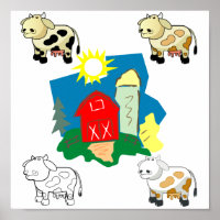 Abstract Farm and Cartoon Cows Canvas Pring