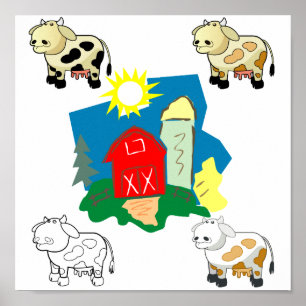 Abstract Farm and Cartoon Cows Canvas Pring Poster