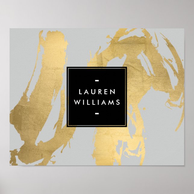 Abstract Faux Gold Brushstrokes on Gray Poster (Front)