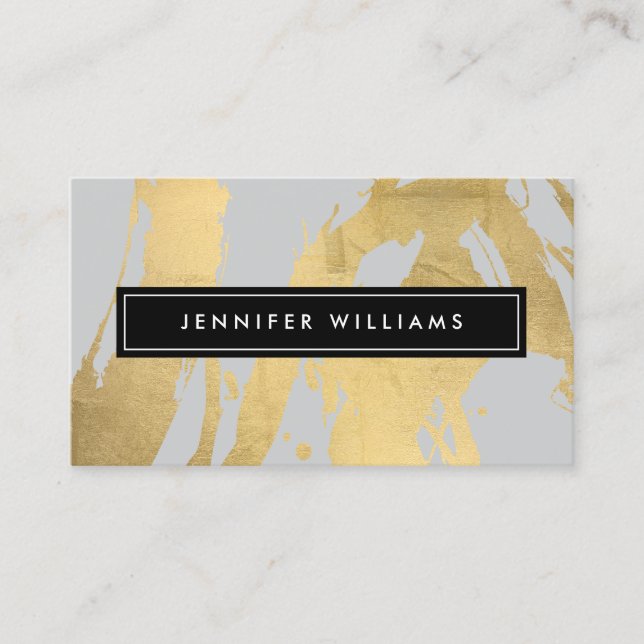 Abstract Faux Gold Brushstrokes on Grey III Business Card (Front)