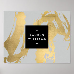 Abstract Faux Gold Brushstrokes on Grey Poster