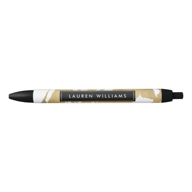 Abstract Faux Gold Brushstrokes on White II Black Ink Pen (Front)