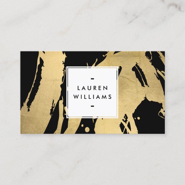 Abstract Faux Gold Foil Brushstrokes on Black Business Card (Front)