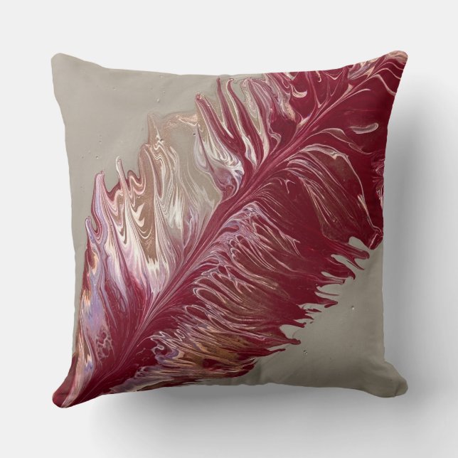 Abstract feather throw pillow in reds (Back)