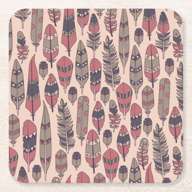 Abstract feathers: colourful vintage background. square paper coaster (Front)