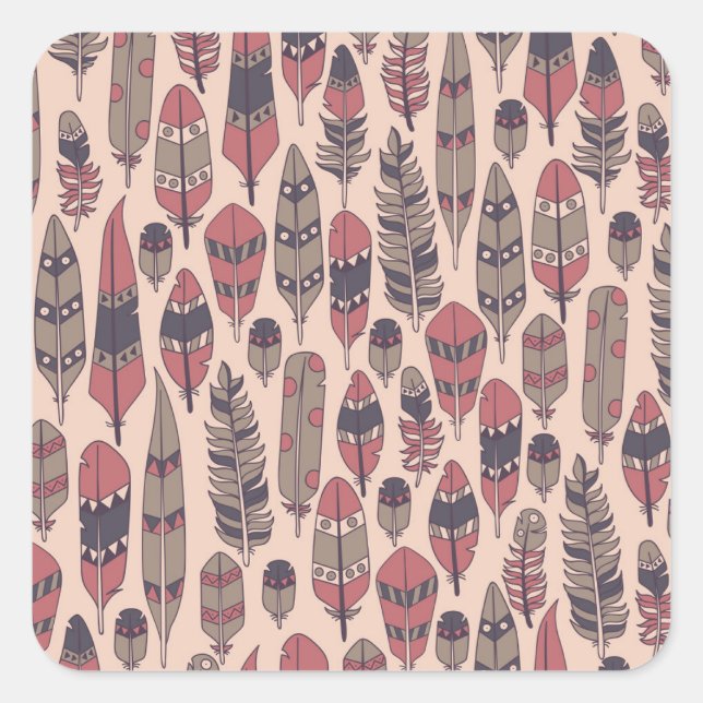 Abstract feathers: colourful vintage background. square sticker (Front)