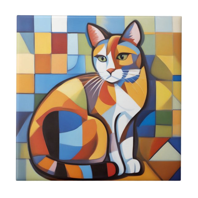 Abstract Feline Beauty Calico Cat Cubist Ceramic Tile (Front)
