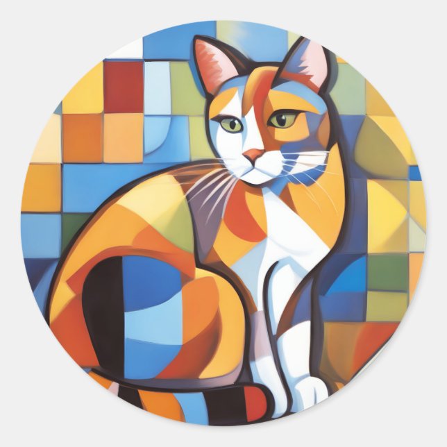 Abstract Feline Beauty Calico Cat Cubist Classic Round Sticker (Front)