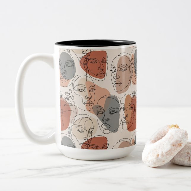 Abstract Feminine Face Pattern Two-Tone Coffee Mug (With Donut)