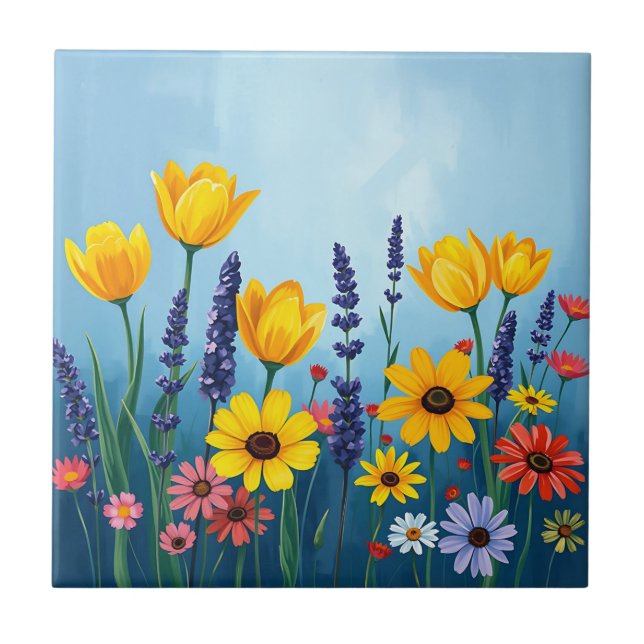 Abstract Field of Tulips and Daisies Ceramic Tile (Front)