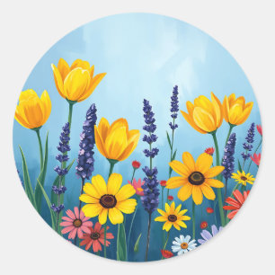 Abstract Field of Tulips and Daisies Classic Round Sticker