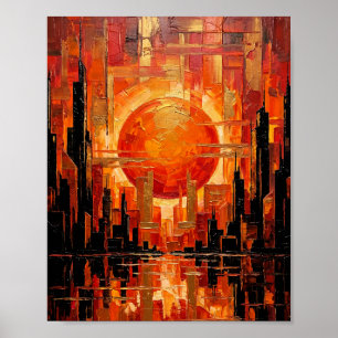 Abstract Fiery Sun City Skyline Palette Knife Art Poster