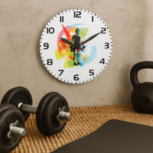 Abstract Fitness Art of Man Lifting Dumbbells Large Clock