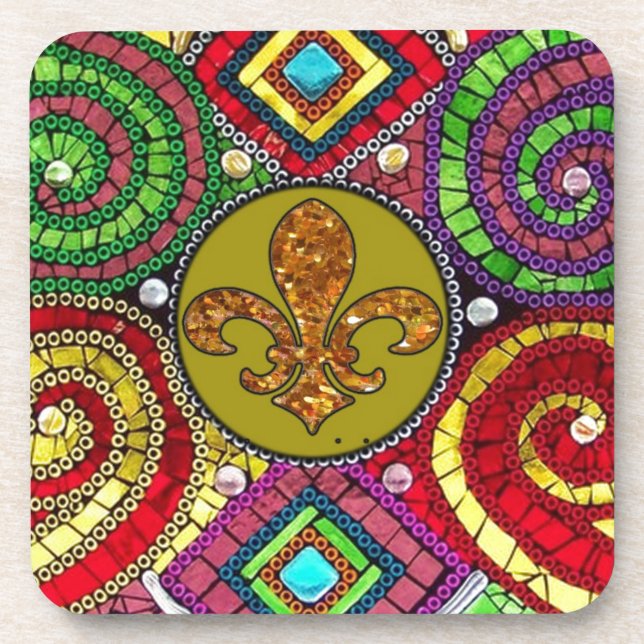Abstract Fleur De Lis Tile mosaic Colourful Coaster (Front)
