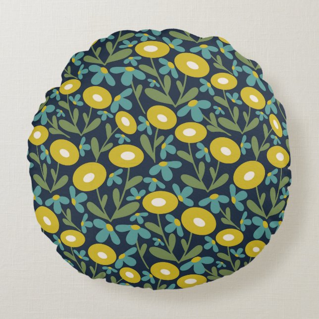 Abstract Flora Sea Blue Round Cushion (Front)