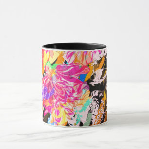 Abstract floral and animal pattern black pink teal mug