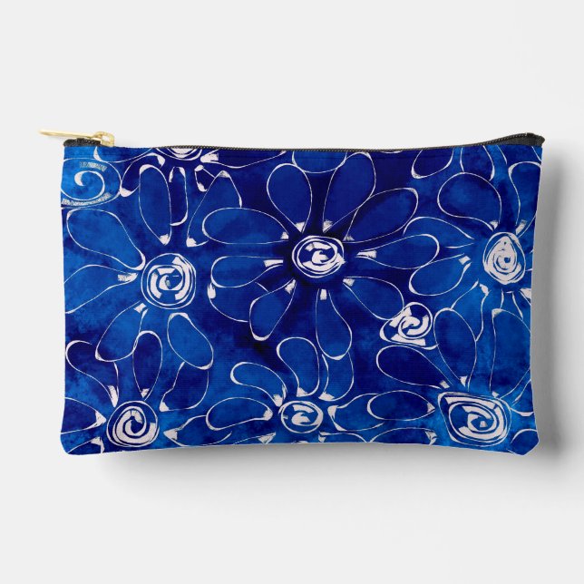 Abstract Floral Art Pattern Blue White Flowers Accessory Pouch (Front)