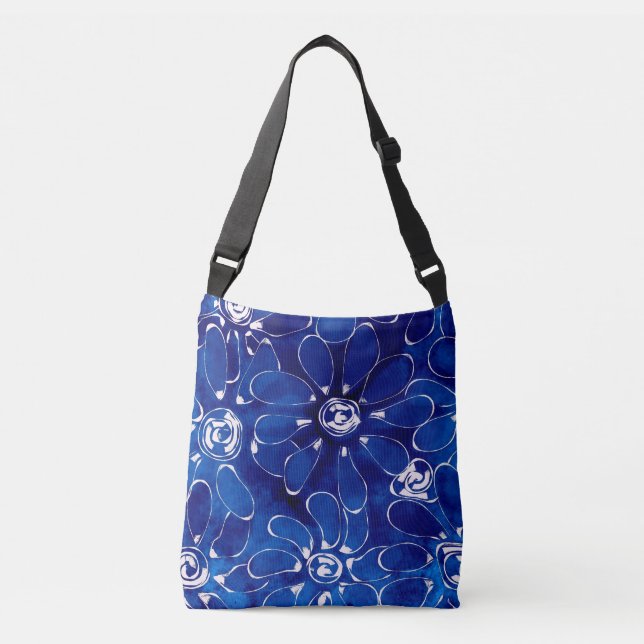 Abstract Floral Art Pattern Blue White Flowers Crossbody Bag (Front)