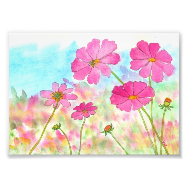 Abstract Floral Art Pink Cosmos Wild Flowers Photo Print (Front)