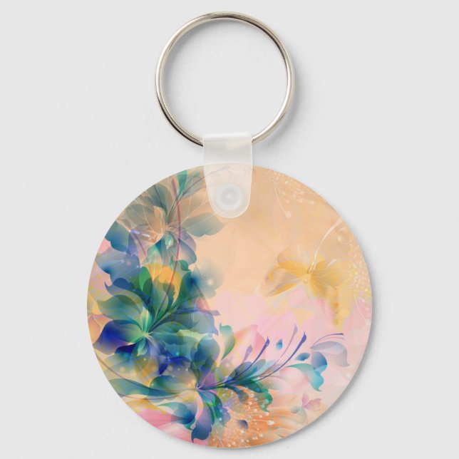 Abstract Floral Background Blue And Beige Key Ring (Front)
