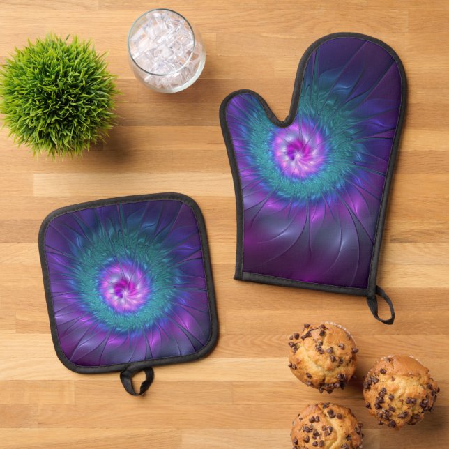 Abstract Floral Beauty Colourful Fractal Art Flowe Oven Mitt & Pot Holder Set (Top Down)