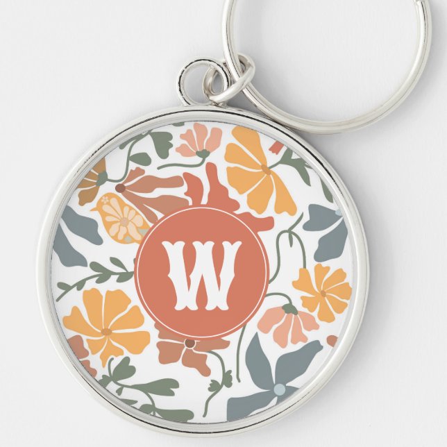 Abstract Floral Birds Mid Century Modern Monogram Key Ring (Front)