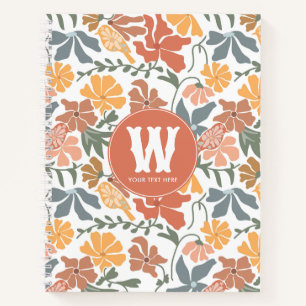 Abstract Floral Birds Mid Century Modern Monogram Notebook